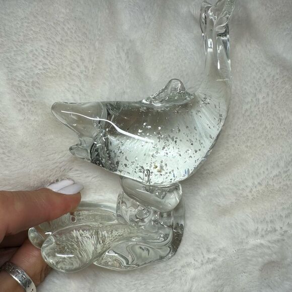 MURANO ART GLASS CLEAR SILVER FLECK 6 1/4 FISH ON WAVE SCULPTURE HAND MADE ITALY - Picture 7 of 8